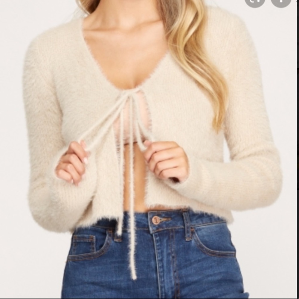 She + Sky Fuzzy Cream Tie Front Cardigan